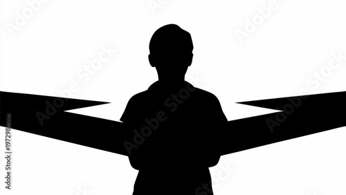 Person standing at crossroads with arms outstretched in black silhouette on white background