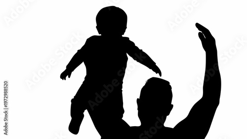 Black silhouette of a parent lifting a child up in the air on a white background