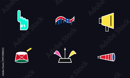 Hand-drawn colorful soccer world cup 2026 fan accessories including foam finger megaphone drum scarf hat cheering authentic illustration