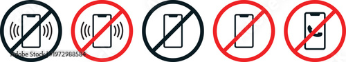 No mobile phone icon set. No Smartphone and Cell Phone Allowed Sign. creative smartphone prohibited and silent mode shapes.Warning red round sign, prohibited symbol.
