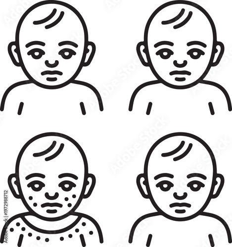 Simple line icons representing a childs body with and without visible skin rashes and irritations