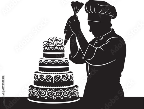 Silhouette of baker decorating multi-tiered wedding cake