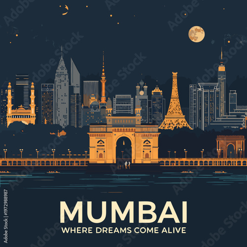 Vibrant Mumbai India City Night Skyline Travel Poster with Gateway of India and Full Moon - Vector Art