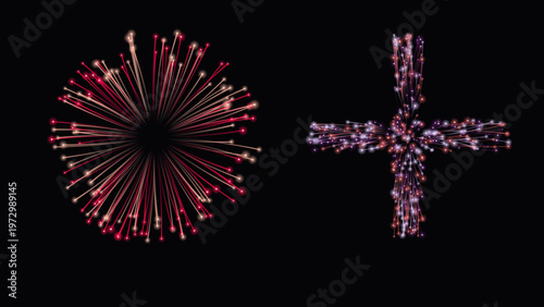 Explosive fireworks display, vibrant pyrotechnic bursts, festive celebration elements, dynamic light particles on black background, vector illustration