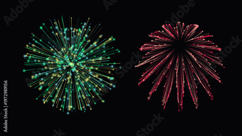 Vibrant fireworks display, festive pyrotechnic explosions, colorful celebration bursts, dynamic light show vector illustration for events and holidays.