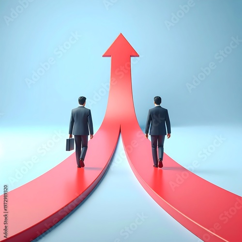 Rear view of two businessmen walking on converging red arrows towards single upward pointing arrow.