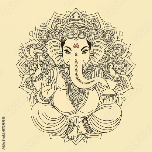 Lord Ganesha line art illustration with an intricate circular mandala background. Hindu elephant god depicted in a seated meditative pose with detailed jewelry and crown on cream.