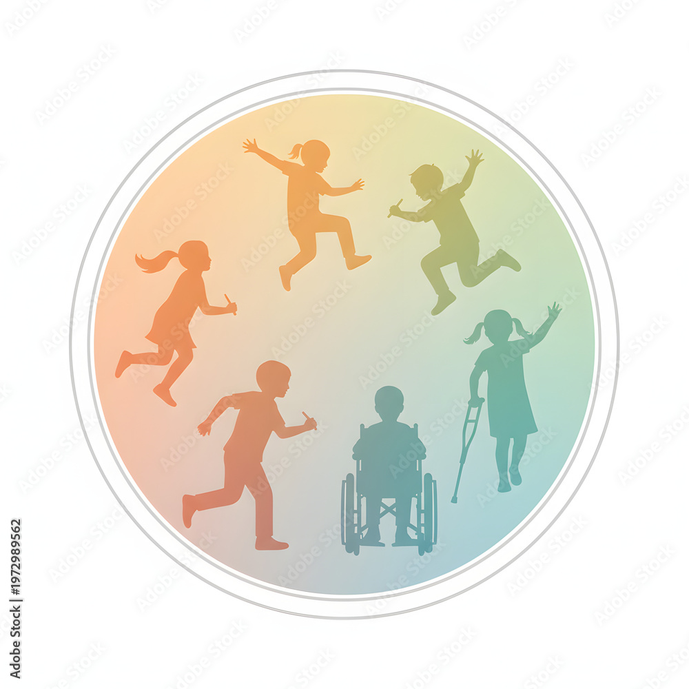 Obraz premium Vibrant illustration symbolizing a diverse group of children joyfully interacting, promoting inclusive play and community support for kids of all abilities