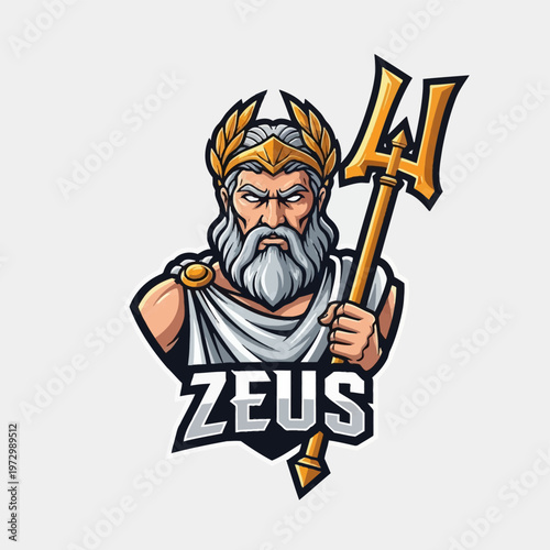 Vector mascot logo of the Greek god Zeus featuring a bearded male figure with a golden crown and laurel wreath holding a trident, esport design for gaming teams and streamers.