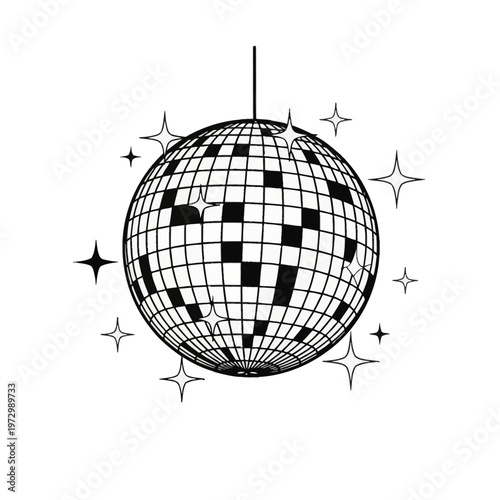 Minimalist black and white line art illustration of a retro disco ball with hanging cord and decorative sparkling stars, isolated on white background, vintage mirrored party ball.