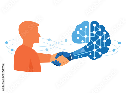 Human figure shaking hands with ai brain