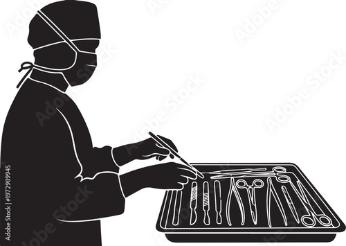 Surgeon selecting instrument from tray medical surgery