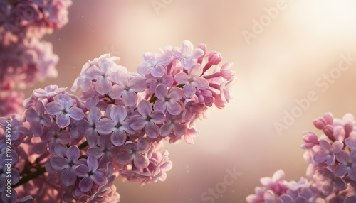 Beautiful Wide Angle soft spring background with lilac flowers. Panoramic pastel floral pink and purple template Web banner. greeting card with Copy Space. Illustration for Albums, notebooks.