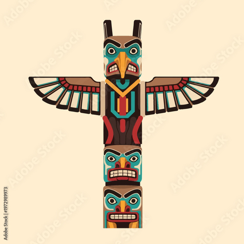 Vector illustration of a traditional Northwest Coast Indigenous totem pole with a thunderbird at the top, outstretched wings, and stacked carved tribal figures in teal, red, and gold.