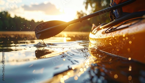 Golden sunset illuminates a kayak paddle slicing through calm river water, creating a tranquil outdoor adventure scene.