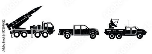 Print Set Of Six Rocket Launcher Trucks Silhouettes missile 