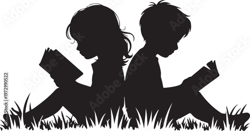 Vector silhouette of siblings sitting in the grass and reading book on white background. Symbol of girl, sister, brother, friends, family, infant, childhood, nature, park, garden.