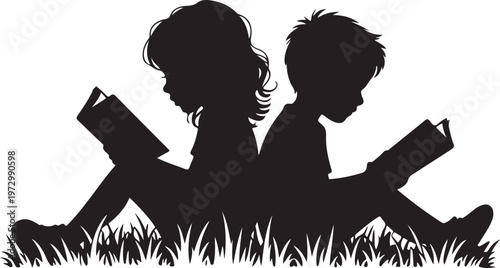 Vector silhouette of siblings sitting in the grass and reading book on white background. Symbol of girl, sister, brother, friends, family, infant, childhood, nature, park, garden.