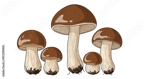 Group of various sized porcini mushrooms with thick stems and large brown caps standing together in a natural row.