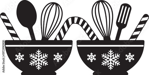 Two festive christmas baking bowls filled with utensils and candy canes silhouette