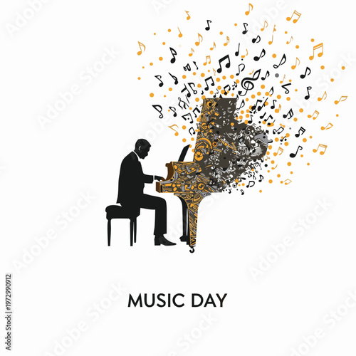 Creative Music Day Poster with Pianist Silhouette and Colorful Musical Notes Exploding - Vector Art