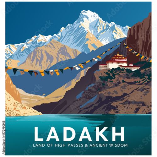 Vibrant Ladakh India Travel Poster with Snow Mountains Buddhist Monastery and Prayer Flags - Vector Art