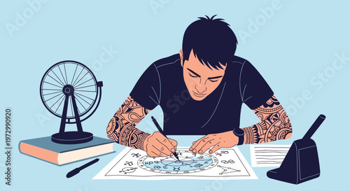 Focused young man with tattoos on his arms sitting at a desk and carefully drawing a detailed zodiac astrology chart.