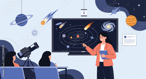 Female science teacher using a pointer to explain the orbits of the planets in the solar system to students in a classroom.