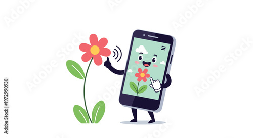 Fun cartoon character of a smartphone using its camera to take a photo of a pretty red flower growing in nature.