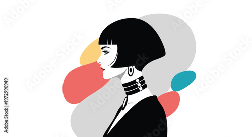 Elegant profile portrait of a woman with a sleek black bob haircut and a stylish choker necklace on a colorful background.