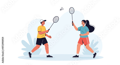 Man and woman enjoying an active game of badminton outdoors while hitting a shuttlecock back and forth over a net.