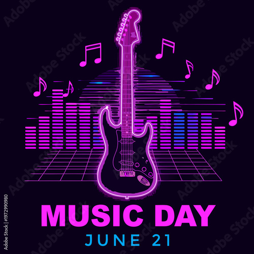 Music Day Guitar with Neon Lights Vector Illustration – June 21
