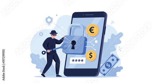Cyber security illustration showing a hacker trying to pick a large lock on a smartphone screen to steal digital money.