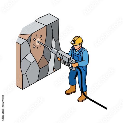 Isometric illustration depicting a dedicated construction worker or miner using a powerful jackhammer to break apart a large rock formation, emphasizing strenuous industrial labor and excavation
