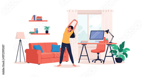 Healthy young woman in sportswear doing stretching exercises in a modern living room with a desk and computer.