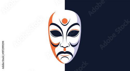 Traditional theatrical mask with intricate orange and black markings placed on a split black and white background.