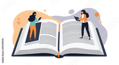 Two miniature women standing on the pages of a giant open book and reading digital tablets in a creative library scene.