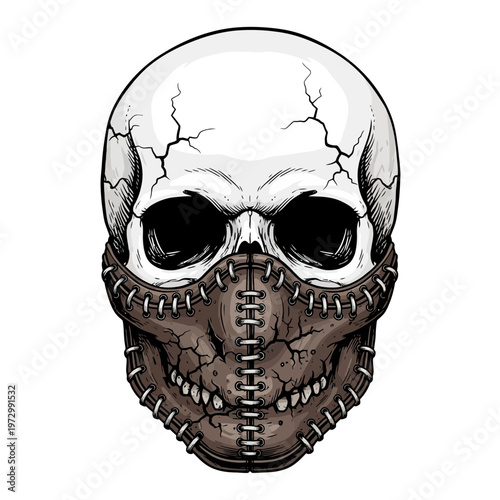 Cracked Skull with Stitched Leather Mask
