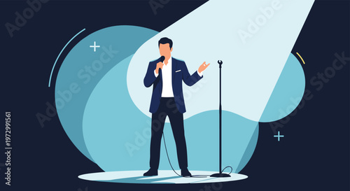 Professional male singer performs on stage under bright spotlight during live musical concert or stand-up show event.