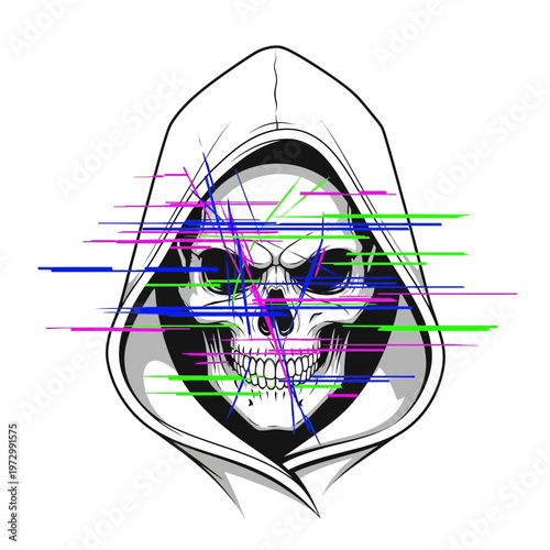 Glitch skull in hoodie, digital distortion effect, hacker concept