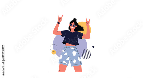 Young energetic woman with sunglasses dancing and showing rock and roll hand signs against abstract geometric background.