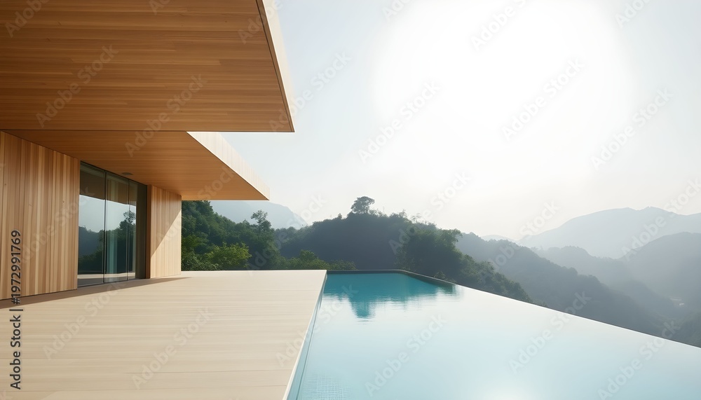 Fototapeta premium A serene modern house with a large infinity pool overlooking mountains and trees under a sunny sky.