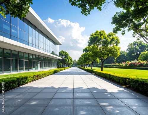 A serene pathway beside a modern glass building