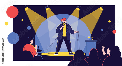 Stand-up comedian performing on stage with microphone under spotlights in front of audience in dark club atmosphere.