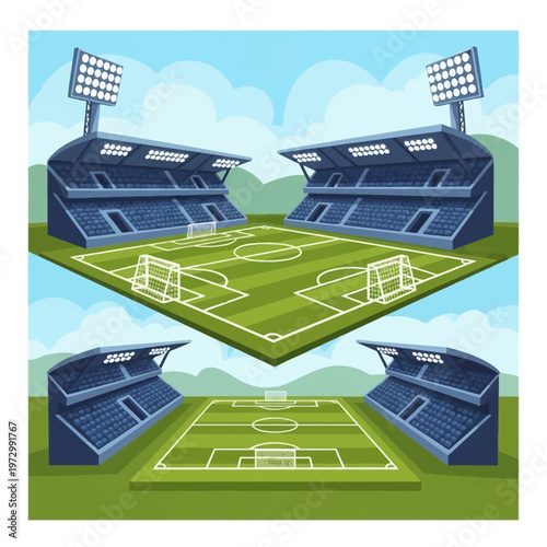 Vector illustration set of two cartoon soccer stadiums featuring green fields with white markings, blue grandstand seating, goal posts, and bright stadium floodlight towers.