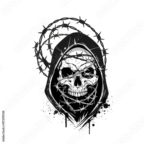 Grim Reaper Skull with Barbed Wire Halo and Hoodie
