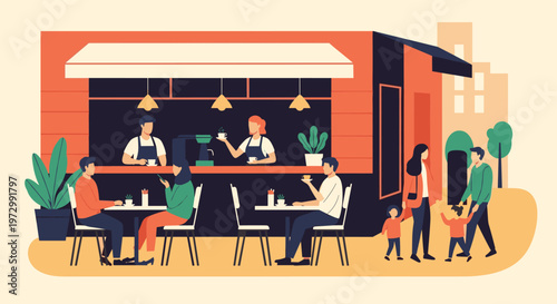 Busy outdoor street cafe scene with customers sitting at tables and staff serving coffee near city buildings background.