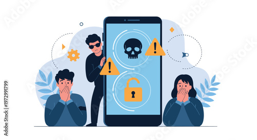 People feeling worried about mobile phone security threats with skull icon and hacker character peeking from behind.
