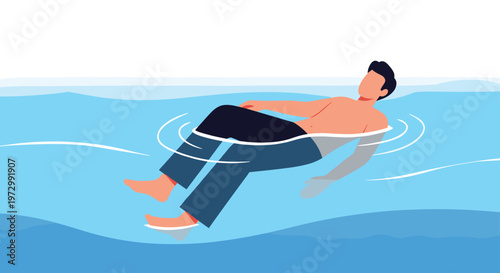 Man floating peacefully on back in blue water waves under clear sky representing relaxation and summer vacation.