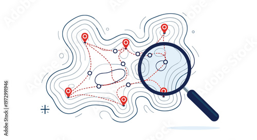 Topographic map with red pins and route lines viewed through magnifying glass for navigation and search concept.